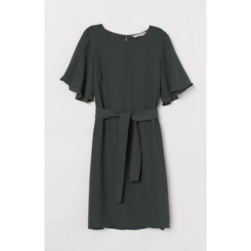H&M Womens Dress with Tie Belt Short Sleeve Knee Length Flutter Size 4